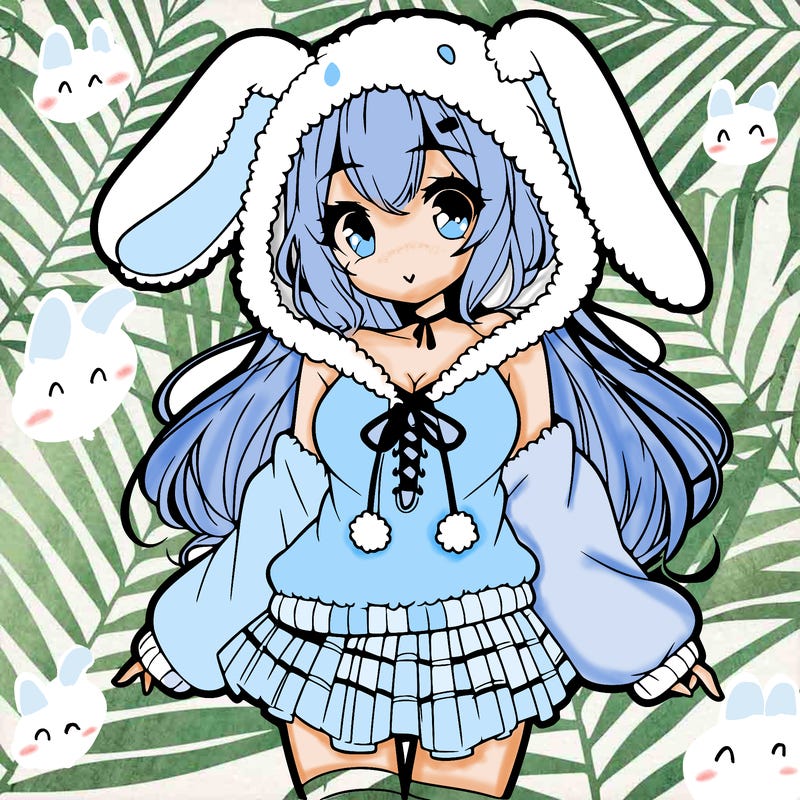 pretty anime girl wearing a fluffy hoodie with bunny ears on the hood and a skirt