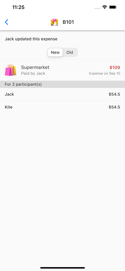 Split Bills With Friends - A screenshot showing a grocery expense split equally between two participants