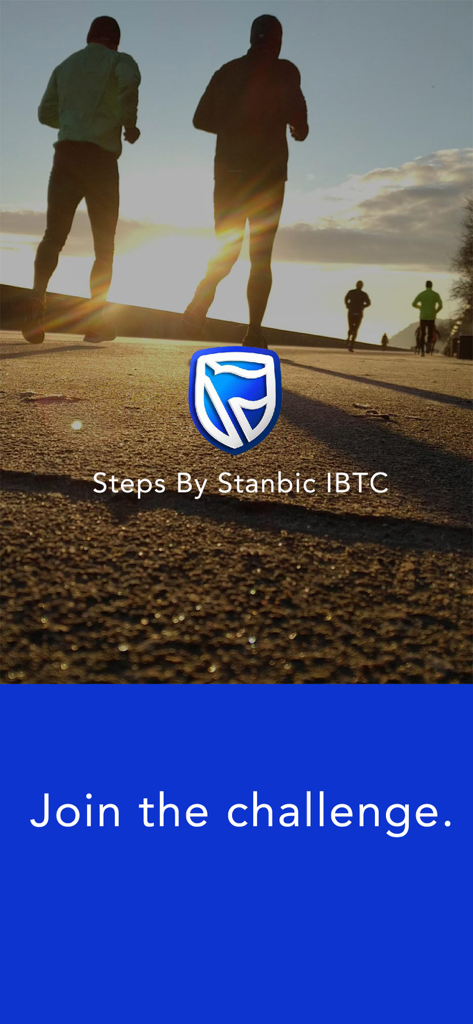 Splash screen of the Steps By Stanbic IBTC app featuring people running at sunset and the slogan Join the challenge