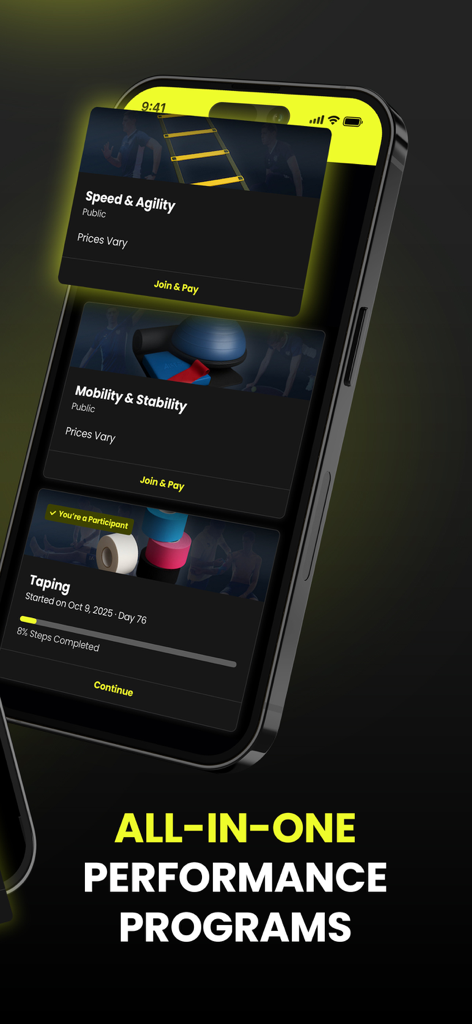 VolleyTrain mobile app screen displaying athletic performance programs for speed, mobility, and taping.