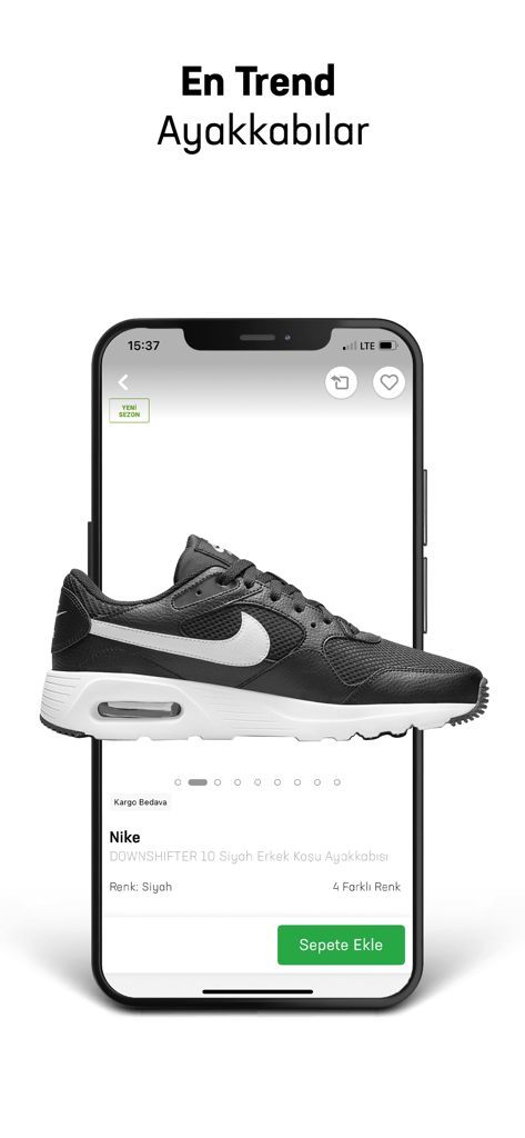 Instreet - Instreetモバイルアプリの画面。黒いナイキDownshifterランニングシューズとカートに追加ボタンを表示。