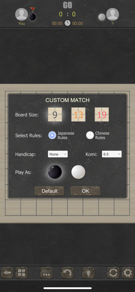 Go Game - 2 Players - Menu de configuração de partida personalizada do aplicativo Go Game com seleção de tamanho de tabuleiro e regras