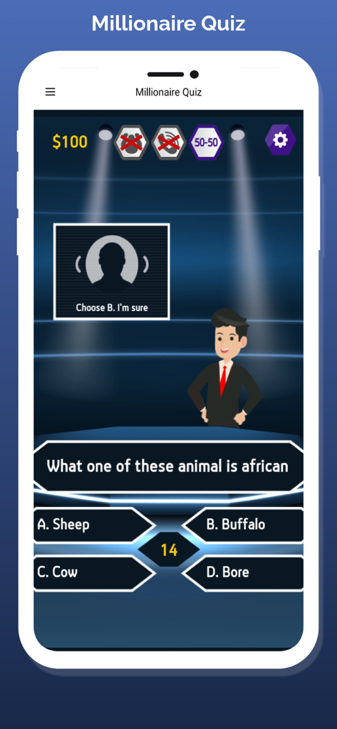 Millionaire Quiz: Tv Game 2023 - Una captura de pantalla de la interfaz del juego móvil Millonario Quiz que muestra una pregunta de trivia sobre animales africanos con cuatro opciones de respuesta y un presentador virtual de programa de juegos.