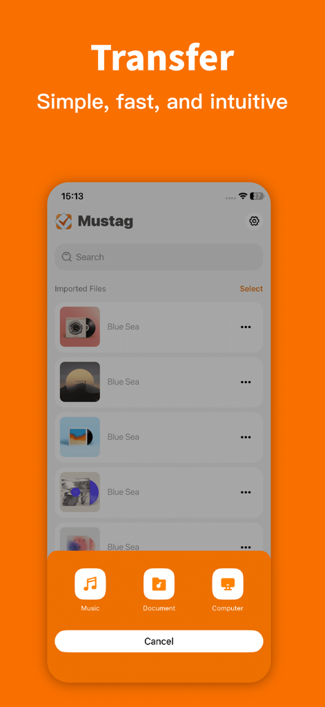 Mp3tag - Music Tag Editor - Musikdatei-Übertragungsmenü in der Benutzeroberfläche der Mp3tag-App, das Optionen für den Import von Computern und Dokumenten anzeigt