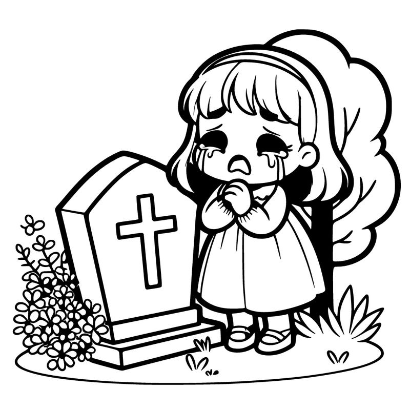 a little girl crying near a grave