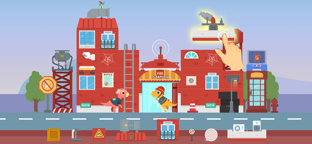A child playing an interactive building game featuring a dinosaur firefighter and a red brick fire station
