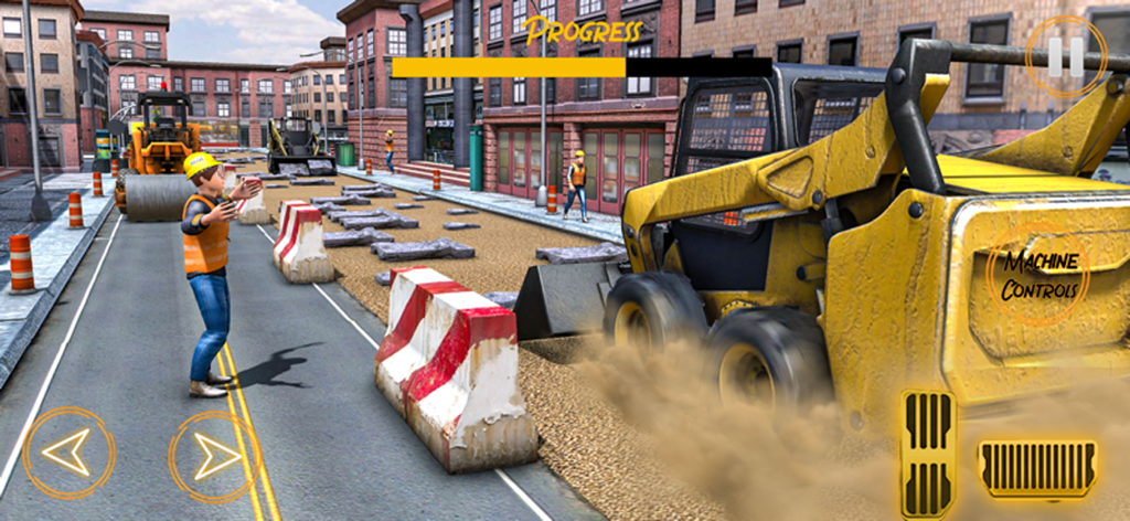 Construction Simulator 3D Game - Yellow skid steer clearing debris on a city street construction site