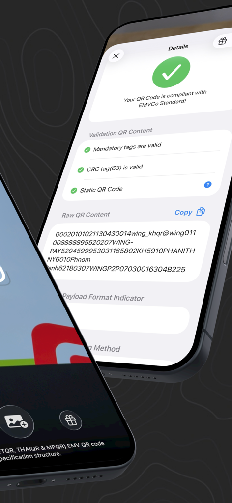 Tela do aplicativo móvel EMV QR Reader mostrando resultados de validação bem-sucedidos do padrão EMVCo e conteúdo de dados brutos do QR