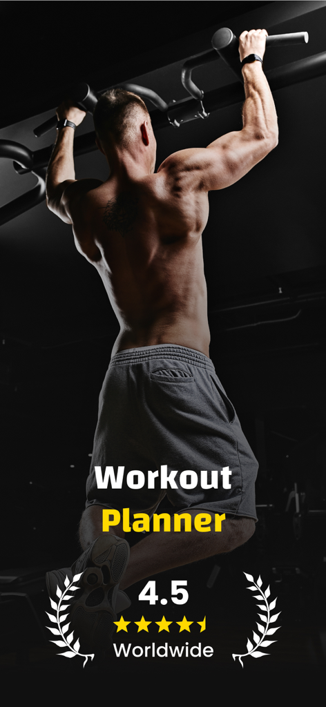 Un homme musclé faisant des tractions dans une salle de sport avec le titre de l'application Workout Planner et une note de quatre virgule cinq étoiles