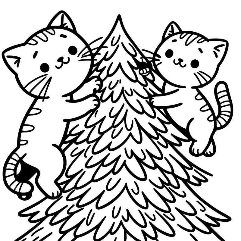 two cats climbing a christmas tree
