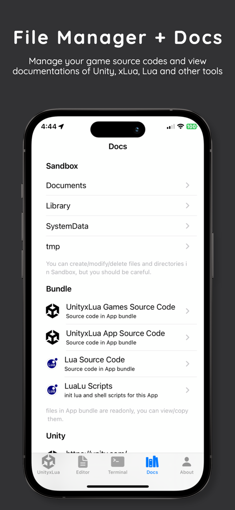 The file manager and documentation screen within the U Game Engine plus xLua app showing source code folders and documentation links.