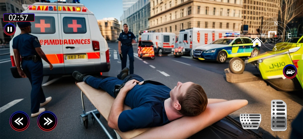 Patient Rescue Ambulance Game - A paramedic simulation showing a patient on a stretcher near an ambulance at a city accident site.