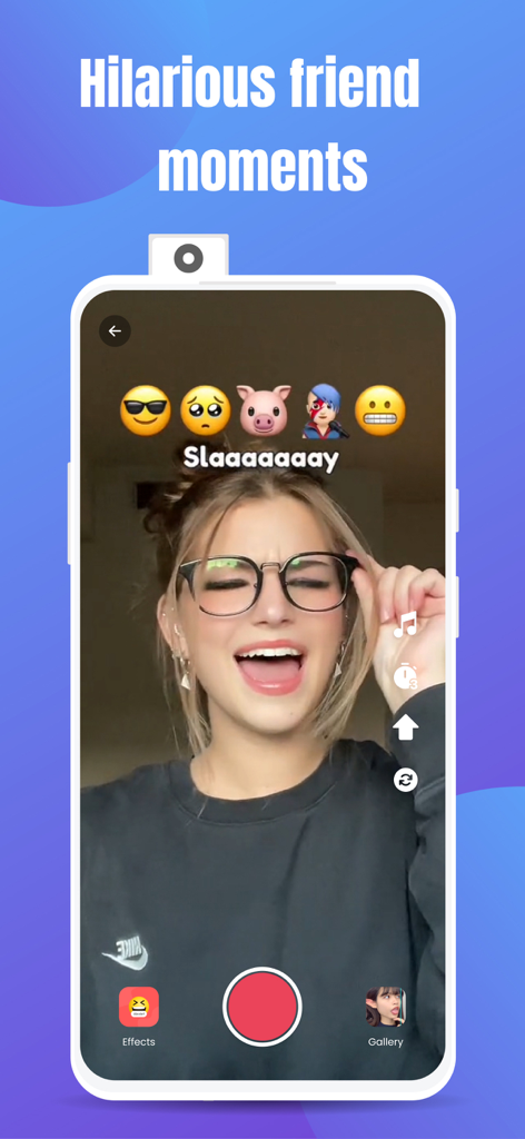 Emoji Challenge: Funny Filters - A young woman using the Emoji Challenge app to record a funny face video mimicking emoji expressions.