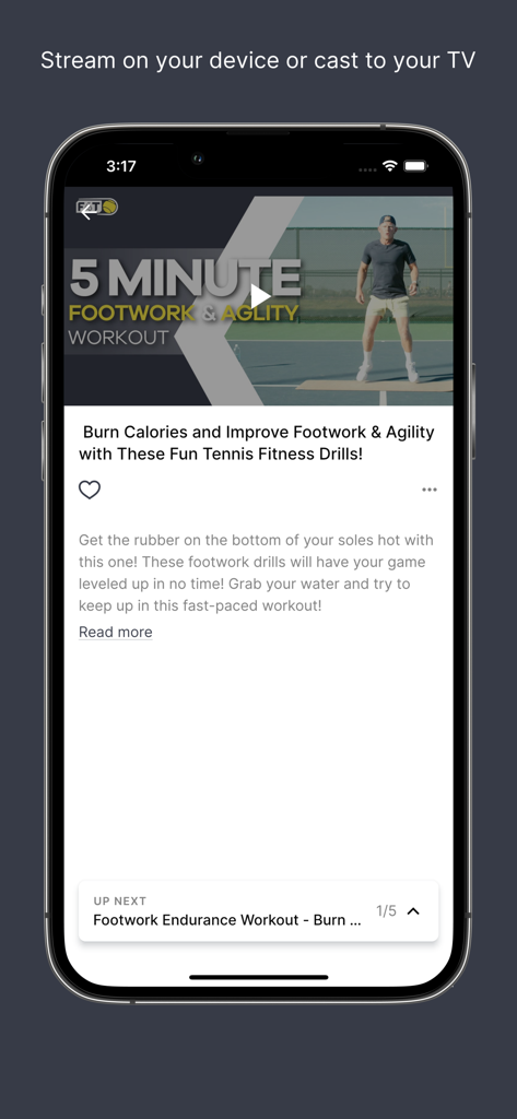 Fit4Tennis - Écran de smartphone montrant l'application Fit4Tennis avec une vidéo d'exercices de jeu de jambes et d'agilité de 5 minutes.