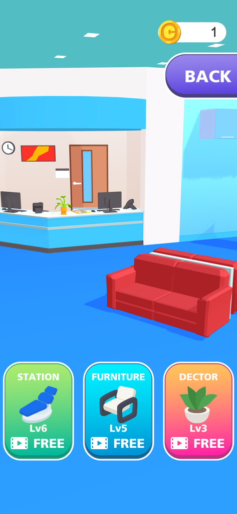 Reception area in Earwax Clinic mobile game showing upgrade options for furniture and station