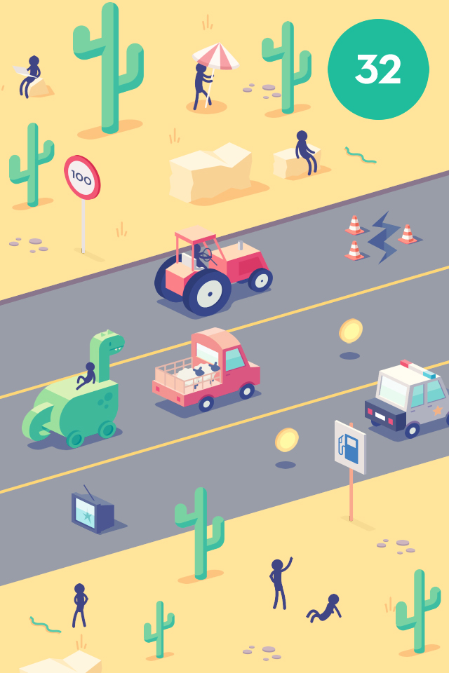 Stickman Rush - Stickman Rush gameplay showing stylized vehicles and obstacles on a minimalist desert highway