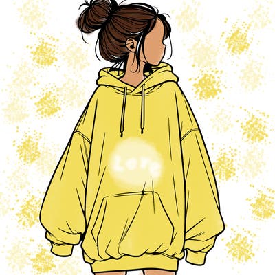 realistic girl with a oversized sweatshirt on and a bun