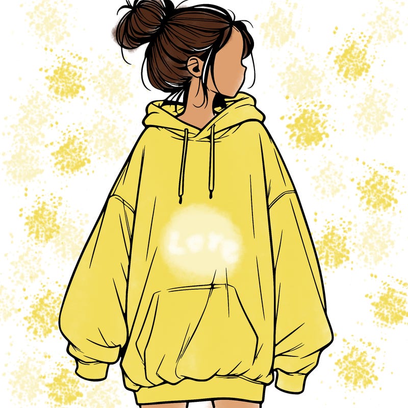 realistic girl with a oversized sweatshirt on and a bun