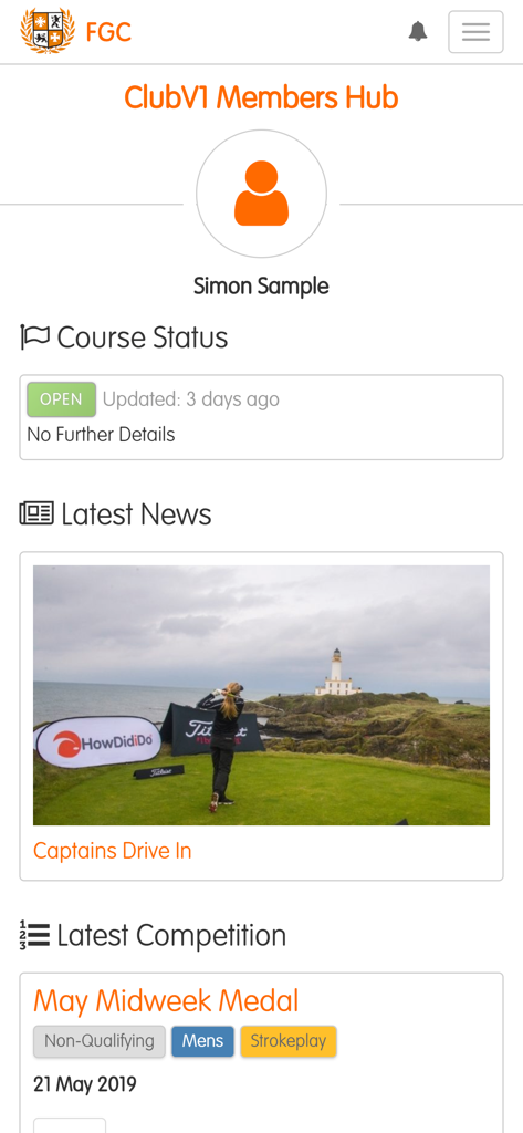 Dashboard of the ClubV1 Members Hub app showing course status and latest club news