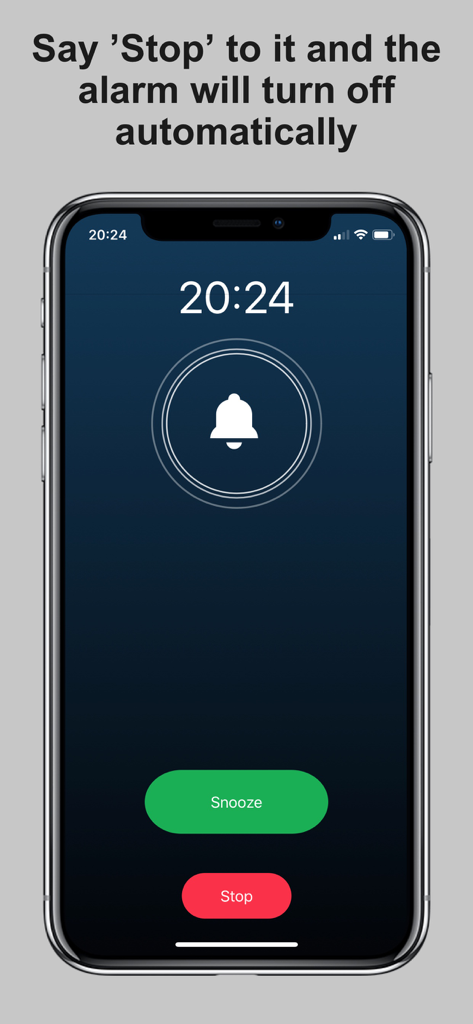 Bedside Clock - Time widgets - Alarmschnittstelle der Bedside Clock App mit Sprachsteuerungs-Stoppfunktion