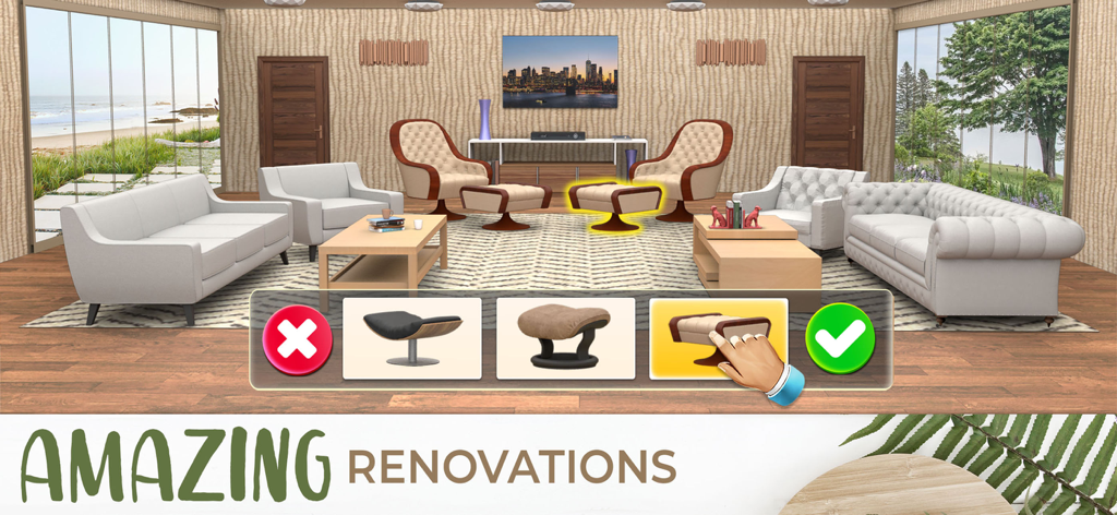 My Home Makeover Design: Words - Gameplay für Innendesign, das die Auswahl von Möbeln in einem modernen Wohnzimmer zeigt