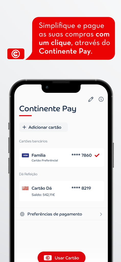 Cartão Continente - Ecrã da aplicação Cartao Continente mostrando a funcionalidade Continente Pay com cartões de pagamento guardados e saldo