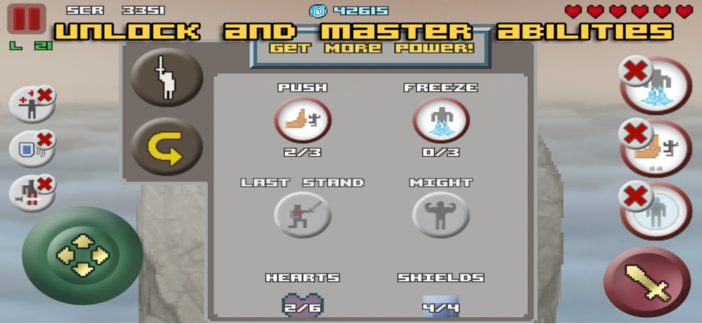 Only One - Only Oneモバイルゲームのピクセルアートグラフィックを備えたゲーム内アビリティとパワーアップメニュー画面