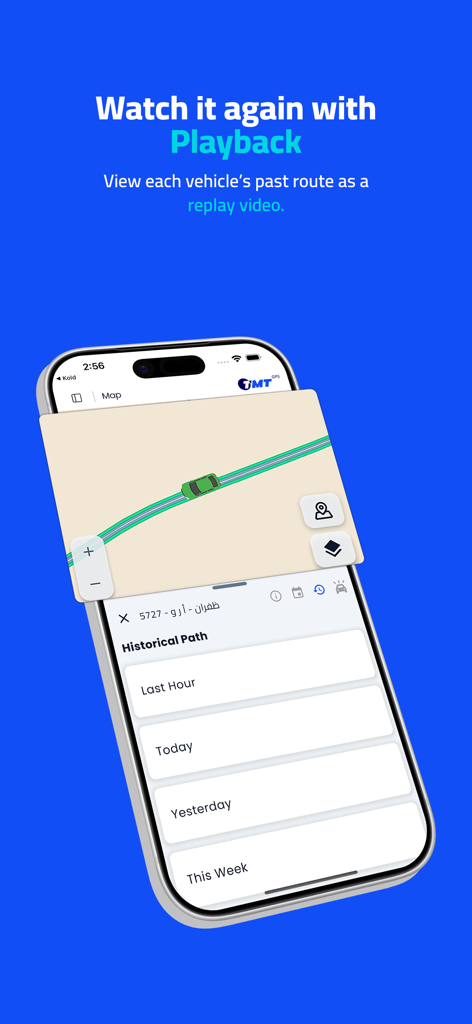 TMTGPS App-Wiedergabefunktion, die historische Fahrzeugrouten auf einer Karte anzeigt