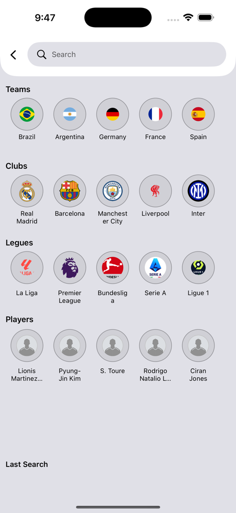 TotalSportek - Live Football - Search screen in TotalSportek app featuring various national teams, top football clubs, and major leagues.