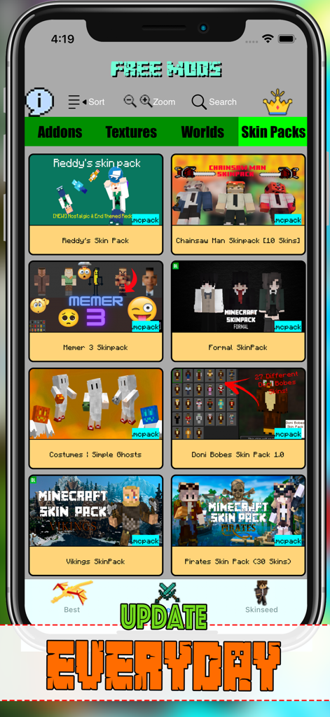 Monster Add-ons for Minecraft - Browse and download various Minecraft skin packs from the Monster Add-ons app interface