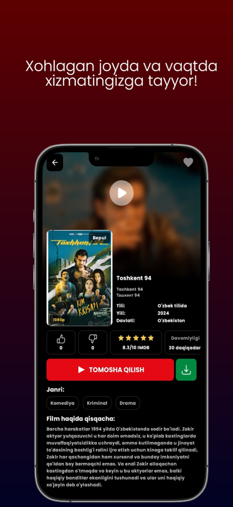 Yangi TV - Yangi TV app interface showing details for an Uzbek movie titled Toshkent 94 with a watch button and genre tags