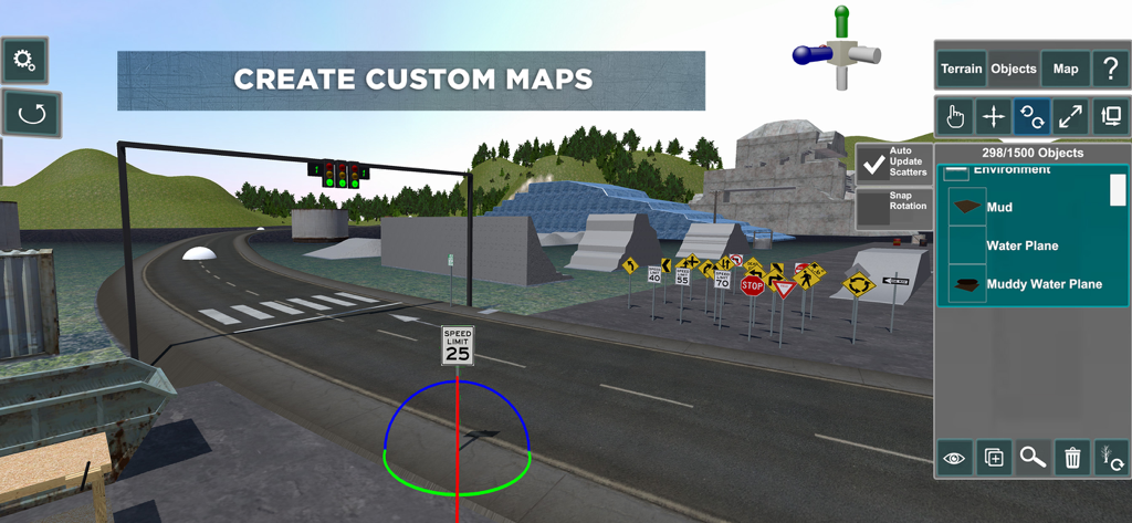 4x4 Mania - In-game interface of the 4x4 Mania custom map editor showing road placement and traffic sign objects