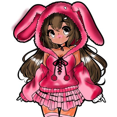 pretty anime girl wearing a fluffy hoodie with bunny ears on the hood and a skirt