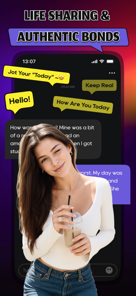Truel app interface showing life sharing and authentic bonds with a young woman holding a coffee