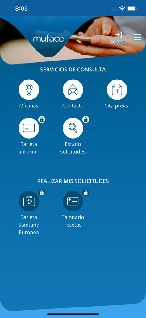 Muface Movil app home screen displaying icons for offices, appointments, and healthcare document requests.