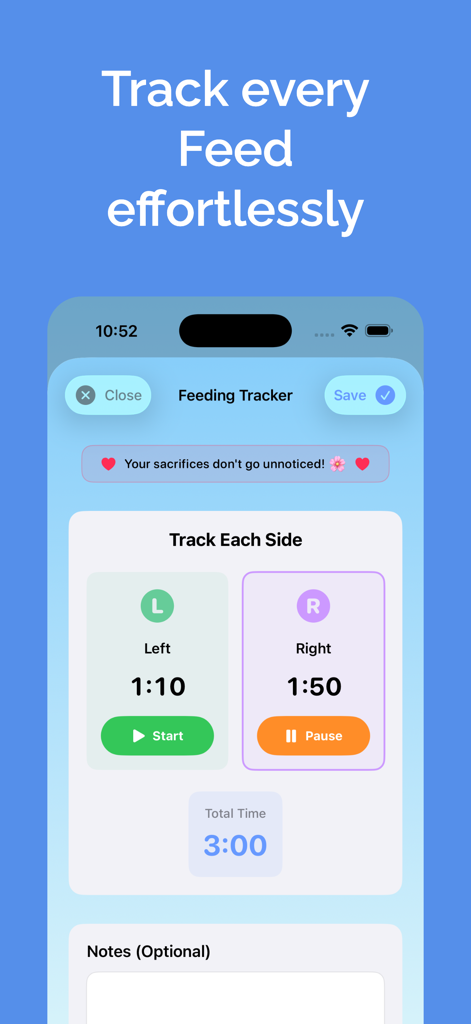 Baby Tracker-Feed & Pump Timer - Schermata del tracker di allattamento con timer separati per il seno sinistro e destro