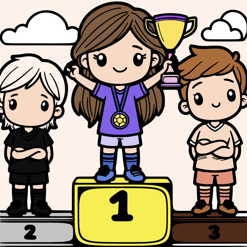 a girl in a soccer jersey standing on a podium, with a trophy, and in second place and third place are boys
