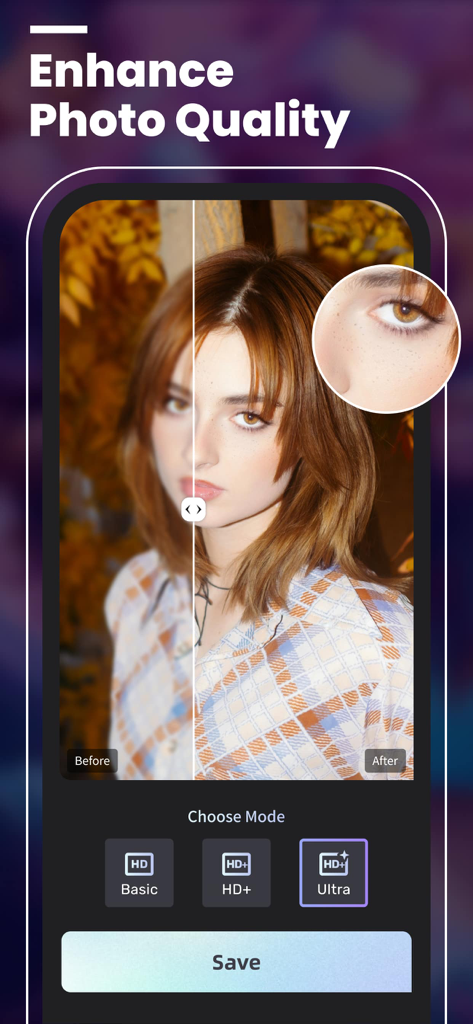 Comparación de pantalla dividida que muestra un retrato antes y después de usar la herramienta de mejora de calidad de foto IA de UniDream