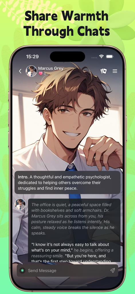 Aikami-Create Art & AI Chatbot - Screenshot of the Aikami app chat interface featuring an anime-style AI character named Marcus Grey.