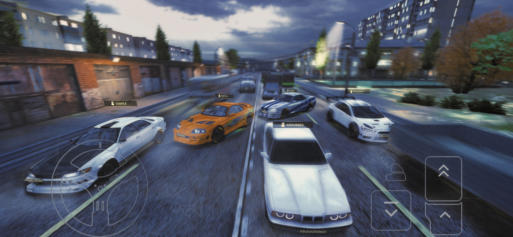 Multiple customized sports cars racing through a detailed Russian city street at dusk with on screen controls
