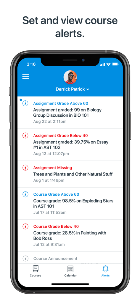 A mobile interface of the Canvas Parent app displaying real-time alerts for student grades and missing assignments