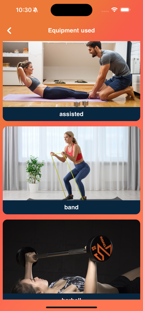 Fit Pro: Home & Gym Workouts - Pantalla de selección de equipo de la aplicación Fit Pro con bandas de resistencia y barras.