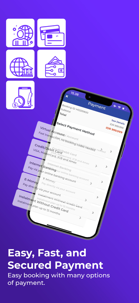 Mister Aladin Hotel & Activity - Schermata dell'app mobile Mister Aladin che mostra vari metodi di pagamento sicuri tra cui carte di credito e portafogli digitali per le prenotazioni di viaggio.