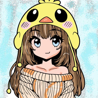 anime girl with chick shaped hat with sweater with bare shoulders with bangs covering them one eye with low tail