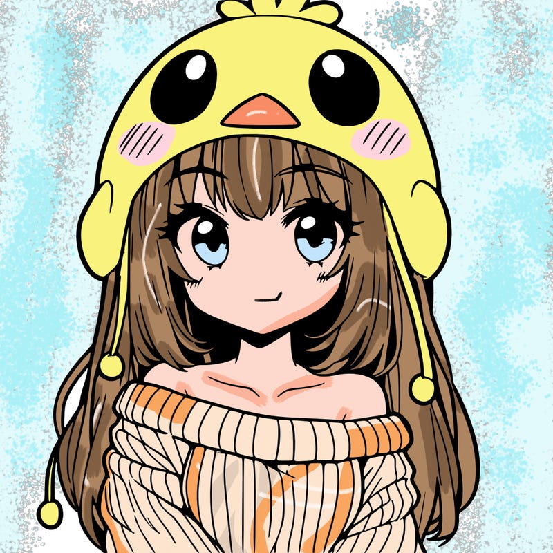 anime girl with chick shaped hat with sweater with bare shoulders with bangs covering them one eye with low tail