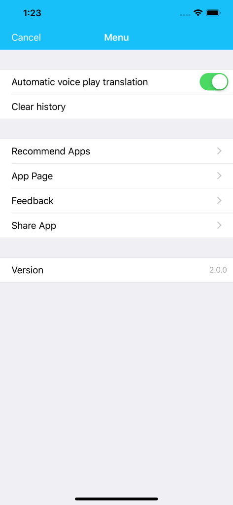 Voice Translation Lite - The settings menu of the Voice Translation Lite app featuring options for automatic voice translation and clearing history.