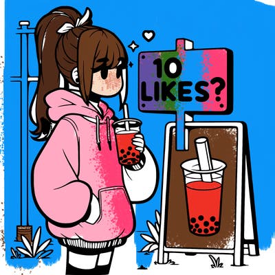 girl with oversized hoodie drinking boba and she has a high ponytail with a sign that says 10likes?