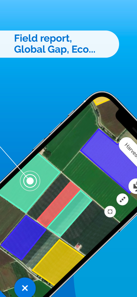 Agroptima - Interface do aplicativo de gestão agrícola Agroptima mostrando um mapa codificado por cores de campos agrícolas para relatórios.