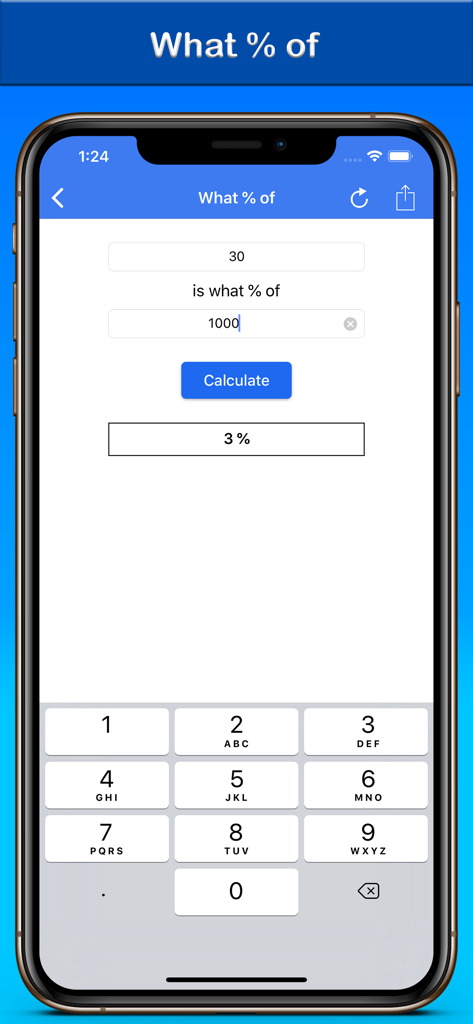 % Percentage Calculator - A mobile app screen showing a calculation for what percentage 30 is of 1000.