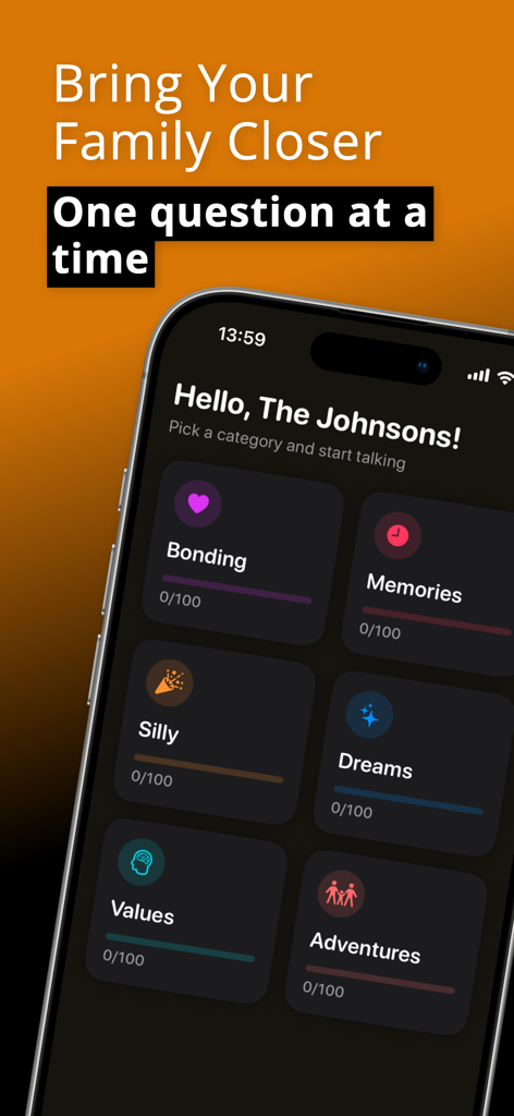 Amber - Cards for Families - The Amber app home screen displaying conversation card categories like Bonding and Memories for families.